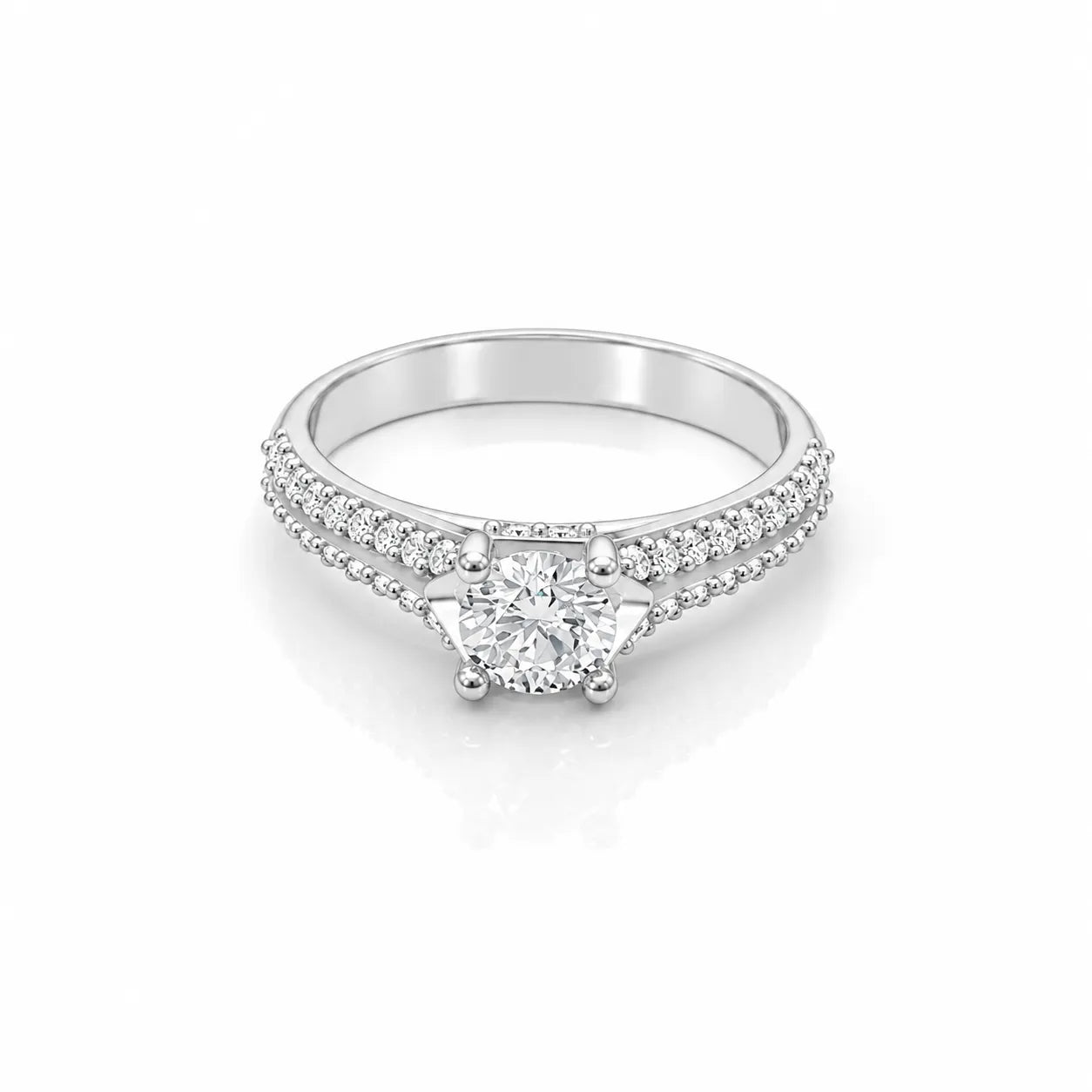 Closeup of pavé band solitaire engagement ring