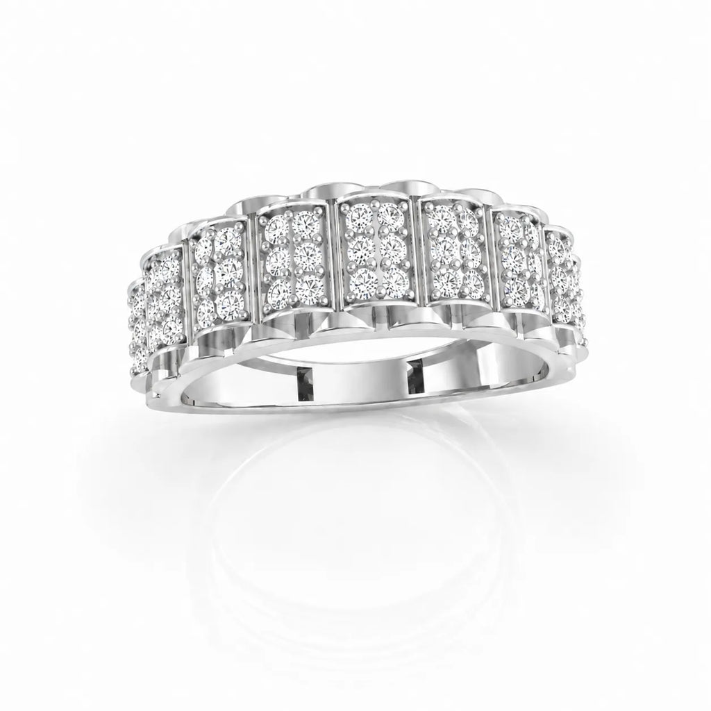 Silver ring with diamond accents on a white background