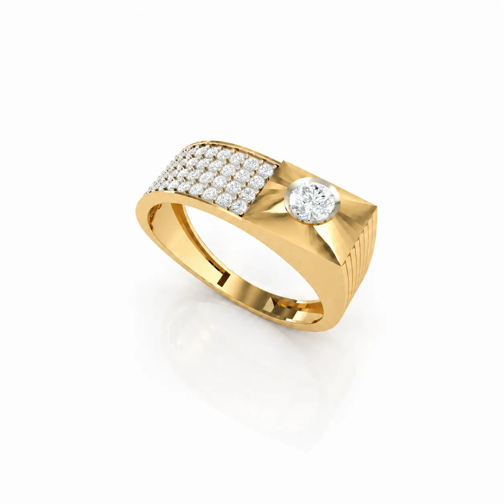 Gold ring with diamond accents on a white background