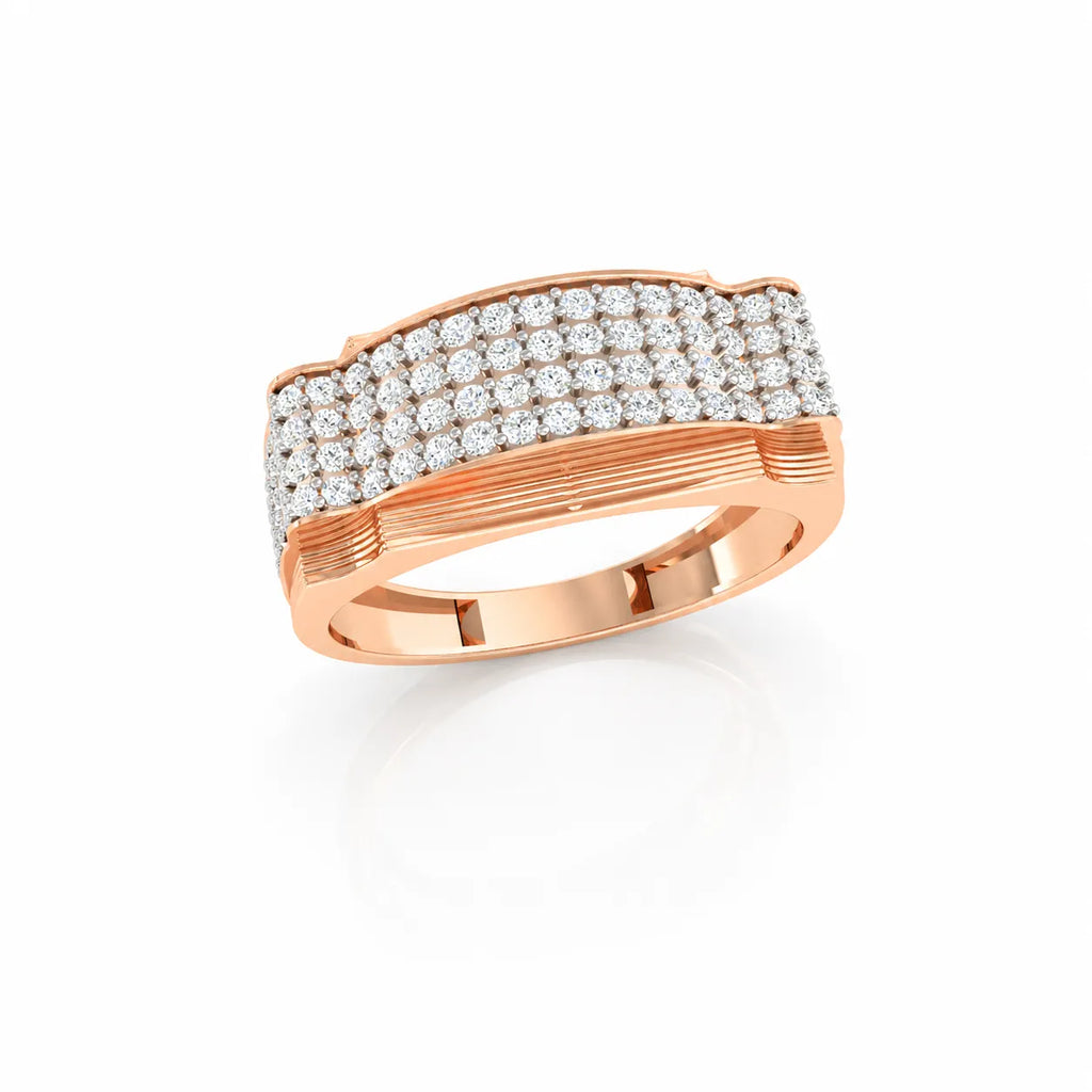 Rose gold ring with diamond-studded band on a white background