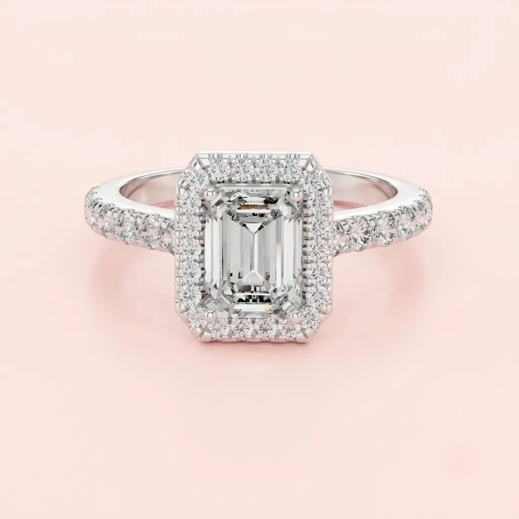 Radiant Halo Emerald Cut Ring in 925 Silver for women by ORYNIO