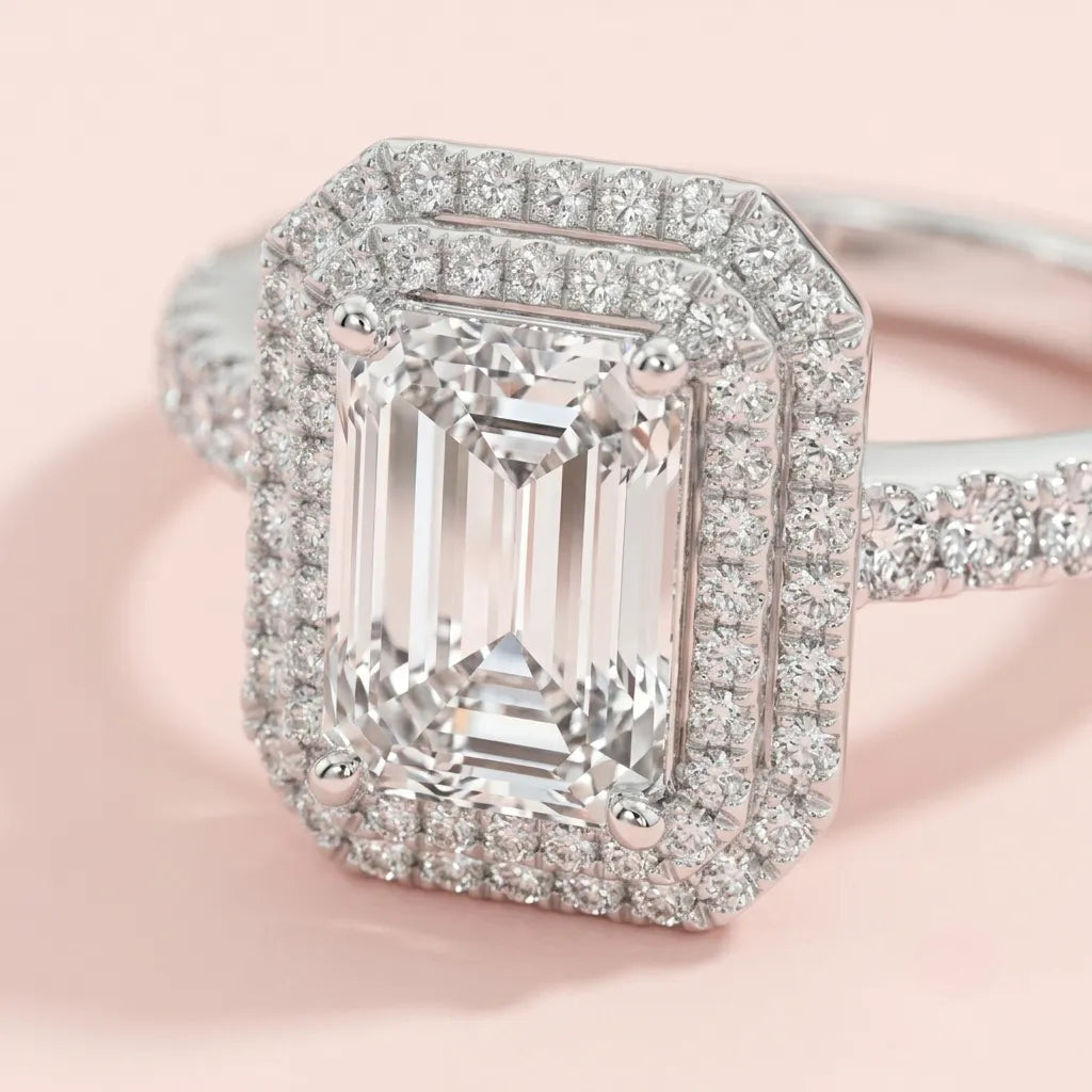 Radiant Halo Emerald Cut Ring in 925 Silver - view 2