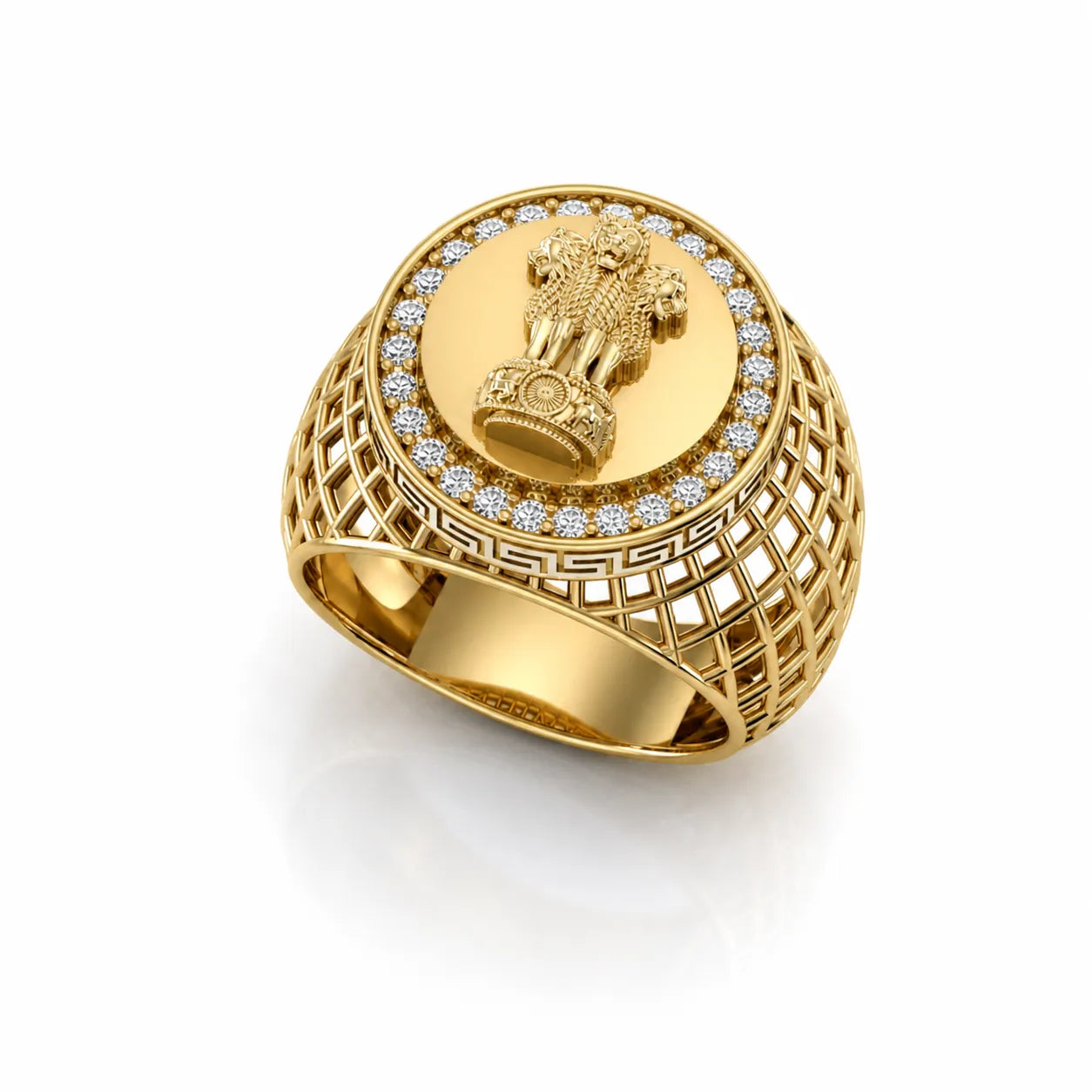 Top view ashoka pillar lion design silver ring