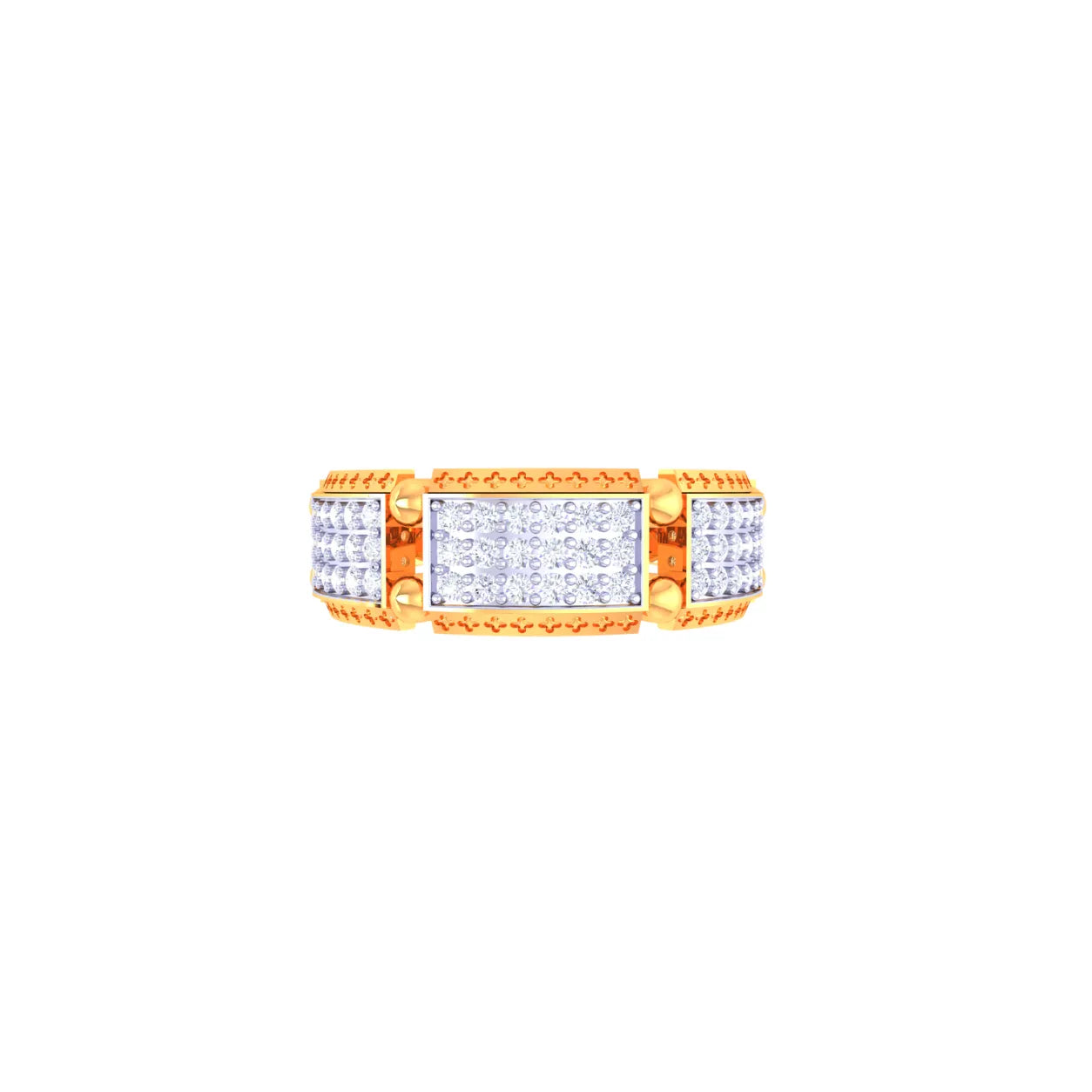 Gold ring with rectangular gemstones on a white background