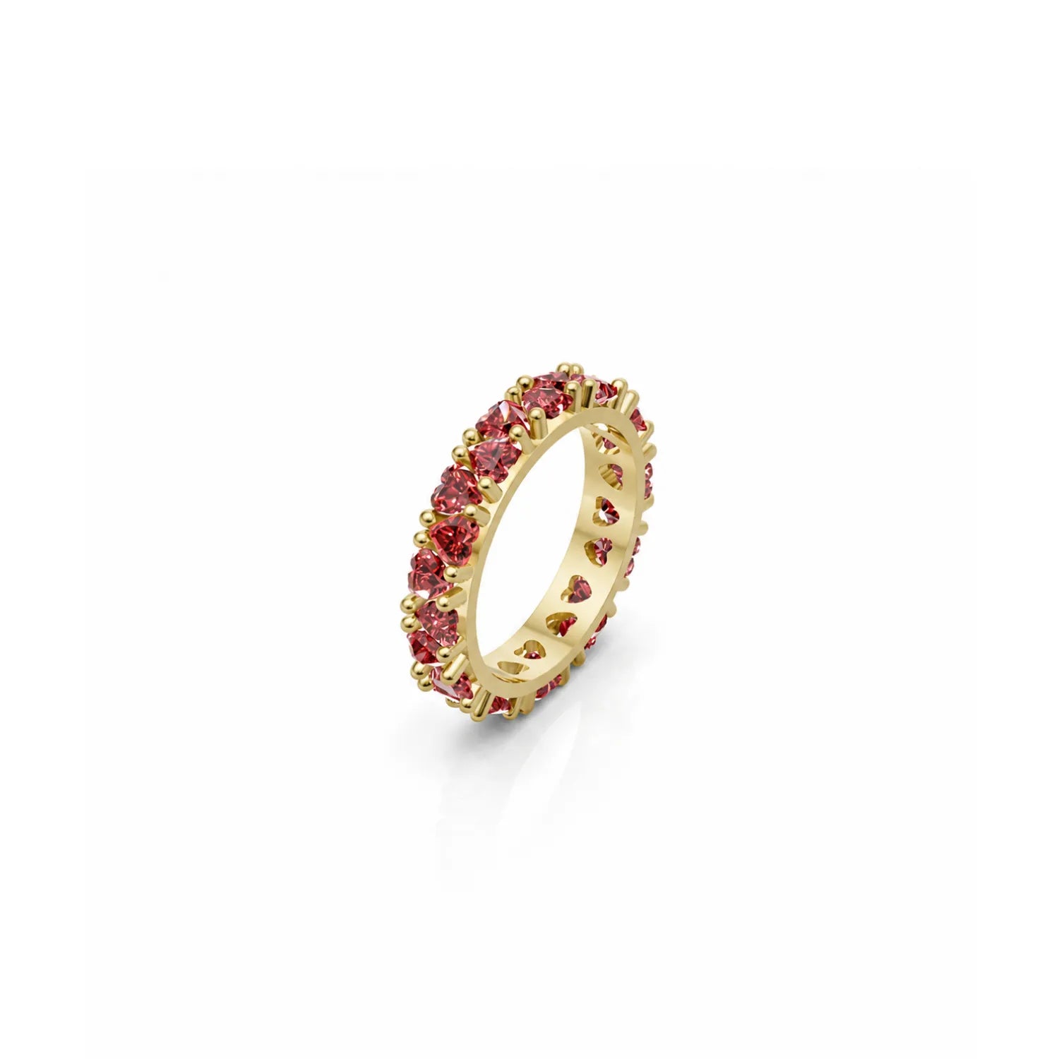 Rose gold eternity ring with white round stones and heart cut inner design